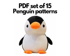 a penguin stuffed animal sitting on top of a white background with the text, pdf set of 15 penguin patterns