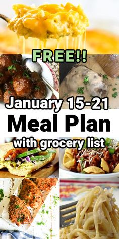 Collage of main dish images with text overlay. Meal Plan With Grocery List, Dish Sides, Cheap Meals To Make, Free Grocery List, Restless Chipotle, Plane Food