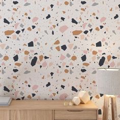 an abstract wallpaper design with various shapes and sizes, including black, white, pink, orange and grey