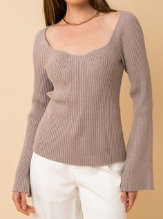 The Sweetheart Ribbed Sweater features bell sleeves, a stretchy ribbed material, and a full length hemline. The sweetheart neckline flatters your décolletage and the neutral oatmeal color coordinates well with all of your fall bottoms. Model is wearing size Small. Model SpecsHeight: 5'10"Bust: 33BWaist: 23.5"Hips: 35" Fabric Content 50% Rayon, 28% Nylon, 22% Polyester Diy Clothes Organization, Organization Life Hacks, Organization Life, Fall Bottoms, Sweater Fits, Oatmeal Color, Fashion Mistakes, Clothes Organization, Ribbed Sweater