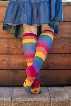 Groovy muted rainbows in soft heathered yarns make for a totally retro striped knee high! Striped Knee High Socks, Calf Stretches, Muted Rainbow, High Knees, Complementary Colors, Style Gift, Pastel Rainbow, Rainbow Stripes, Leg Warmers