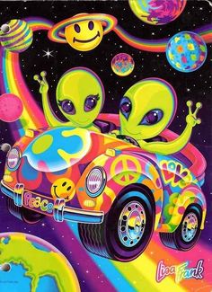 an alien car with two aliens in the background and planets around it, as well as stars