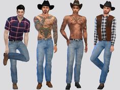 three men wearing cowboy hats and jeans are standing in front of each other with tattoos on their arms