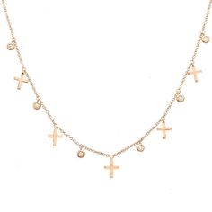 Delicate 14K gold dangling diamond bezel and cross necklace, consisting of one petite diamond cross on the center and intercalated bezel set diamonds. Item Information: Metal: 14k Gold Weight: 2.85g Cross Height: 6.5mm Chain Length: 16"+1"+1" Adjustable Gemstone Information: Gemstone(s): Diamond Total Carat Weight: 0.10 Luxury Cross-shaped Diamond Necklace For Formal Occasions, Luxury Diamond Cross Necklace With Diamond Accents, Diamond Cross Necklace, Diamond Cross Necklaces, Bezel Set Diamond, Diamond Cross, Bezel Diamond, Rose Gold Necklace, Bezel Setting