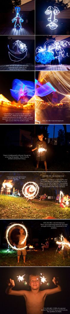 a series of photographs showing different light effects on the camera and in front of it is a man with his arms out