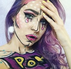 Pop Art Halloween Makeup, Pop Art Makeup Tutorial, Pop Art Halloween, Comic Book Makeup, Comic Makeup, Pop Art Costume, Cell Shading, Comic Book Pop Art, Cartoon Makeup