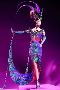 a woman in an elaborate dress and headdress is standing on a purple platform