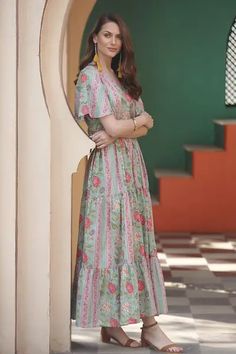 Flutter Sleeve Cotton Maxi Dress from India - Floral Symphony | NOVICA Dress India, Indian Scarf, Dresses By Pattern, Cotton Caftan, India Dress, Spring Maxi Dress, Cotton Maxi Dress, Lounge Dress, Empire Waist Dress