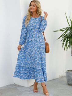 Floral Printed O Neck Long Sleeve High Waist A Line Beach Dress Casual Beach Dress, Spring Dresses Women, Womens Prom Dresses, Bohemian Women, Salou, Printed Long Dresses, Long Dress Casual, Maxi Robes, Chiffon Long Sleeve