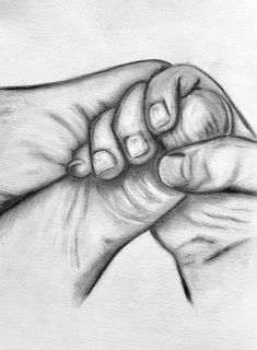 a pencil drawing of two hands holding each other's fingers, with one hand on the