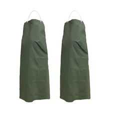 two green aprons with white handles on each side and one has an open pocket for the