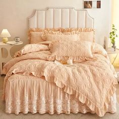 Girls Quilted Bedding Double 4Pcs Lace and Ruffle Duvet Cover Bedskirt.   "This pin contains affiliate links, which means I may earn a commission at no cost to you extra for you". 
 #affiliate #advertising"