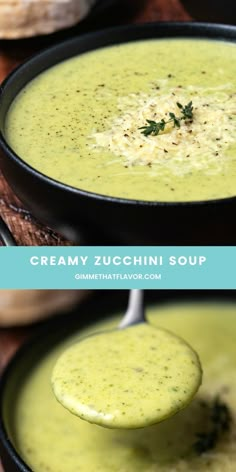 creamy zucchini soup in a black bowl with spoons