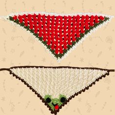 two crocheted triangulars with red and white flowers on them, one has green eyes