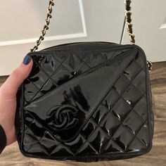 Vintage Chanel Patent Leather Black Purse. Pocket On The Front. Chain Strap. Measurements: Diagonal: 9 Inches Width: 7.5 Inches Length: 6.5 Inches Chain: 44 Inches Black Purse, Chanel Bags, Black Purses, Vintage Chanel, Leather Purse, Chain Strap, Chanel Bag, Leather Purses, Patent Leather