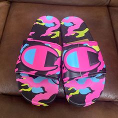 Brand New Champion Women’s Slide Size: 10 Color: Black/Pink Camo Casual Pink Open Toe Sneakers, Spring Pink Open Toe Sneakers, Champion Slides, Champion Shoes, Pink Polka Dot Dress, Swim Shoes, Womens Slides, Pink Camo, Blue Tie Dye