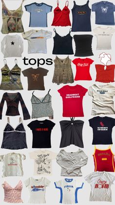 Modern 2000s Outfits, Outfit Ideas Event, Styling Cami Tops, Shes All That Outfits, Types Of Tops With Names, Types Of Aesthetics Styles List, Cute Tops For School, Thrift Shirts, Tops Collage