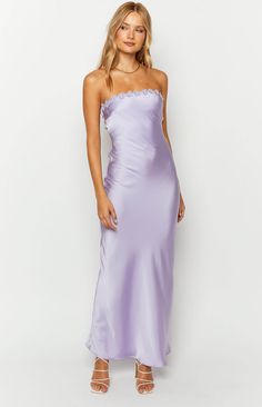 Rhea Purple Satin Strapless Maxi Dress Lilac Satin Bridesmaid Dress, Spring Strapless Satin Midi Dress, Spring Strapless Satin Dress, Midi Length, Spring Satin Strapless Midi Dress, Strapless Satin Maxi Dress For Prom Season, Strapless Satin Evening Dress For Spring, Purple Satin Sleeveless Maxi Dress, Strapless Silk Maxi Dress For Bridesmaids, Strapless Satin Bridesmaid Maxi Dress