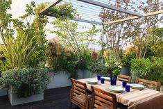 an outdoor dining area with wooden table and chairs, potted plants on the deck