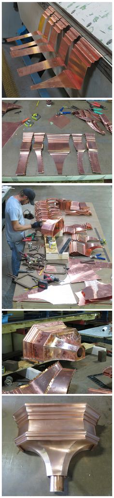 the process of making an aluminum sculpture is shown in three different stages, including being assembled and