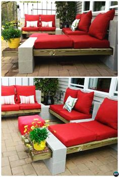 an image of a red couch and table on pinterest for outdoor furniture using cement blocks