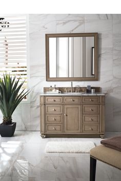 a bathroom vanity with a mirror, sink and potted plant on the counter top