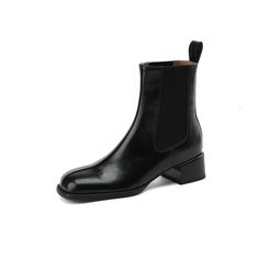 LBSFY - Women Genuine Leather Boots French Retro Thick Heeled Elastic Band Chelsea Boot Woman Square Toe Winter Shoes Square Toe, Upper Material: Natural Genuine Leather 4cm Heel High Heel Chelsea Boots In Faux Leather, Round Toe Chelsea Boots For Office Winter Wear, Round Toe Chelsea Boots For Office In Winter, Office Chelsea Boots With Round Toe For Winter, Winter Office Chelsea Boots With Round Toe, Office Mid-calf Boots With Reinforced Heel And Round Toe, Brown Chelsea Boots, French Retro, Genuine Leather Boots