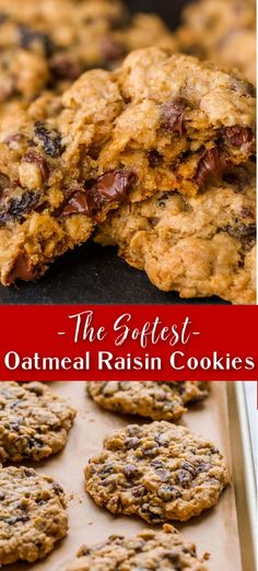 Big, soft and chewy Oatmeal Raisin Cookies with melty chocolate morsels. If you soak the raisins and don’t over-bake, these will stay soft for days. Oatmeal Raison Cookies, Easy Oatmeal Chocolate Chip Cookies, Easy Oatmeal Raisin Cookies, Oat And Raisin Cookies, Oatmeal Raisin Cookies Recipe, Raisin Cookies Recipe