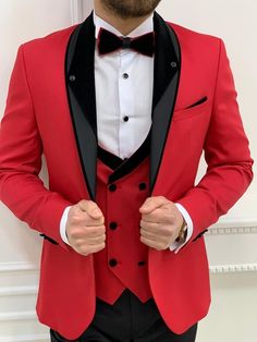 Model Details: Height: 180cm, Weight: 165lbs | His Size: EU50Size Chart and Measurement Guide is attached in end of Product Photos.-----------------------------------------------------Product Details:Men 3 Piece Suit: ( Jacket, Vest, Pants, Bow Tie)Color: Red Jacket & Vest + Black PantsPattern: Shawl LapelStyle: One ButtonCollection: GENTWITH Spring - Summer 2021Product: Slim Fit TuxedoColor Code: RedSize: 46-48-50-52-54-56Suit Material: 65% Polyester, 35% ViscoseDrop: 6Machine Washable: NoF 3 Piece Wedding Suit, Tuxedo Ideas, Shawl Lapel Tuxedo, Tuxedo Colors, Shawl Collar Tuxedo, Red Tuxedo, Portrait Jewelry, Pants Chain, Luxury Portrait