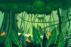 an image of a jungle scene with animals and plants in the foreground, on a green background