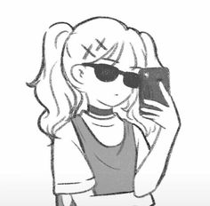 a drawing of a girl with sunglasses holding a cell phone