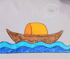 a drawing of a boat with an orange floating in the water