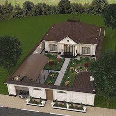 this is an artist's rendering of a large home in the middle of a lush green yard