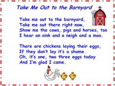 a poem written in front of an image of two chickens and a barnyard with the words take me out to the barnyard