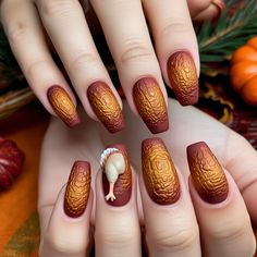 Mimic the crispy texture of roasted turkey with hyper-realistic nails for Thanksgiving. This unique, matte nail design features rich golden-brown tones and a 3D turkey leg accent for an eye-catching holiday look.” Turkey Nail Designs Thanksgiving, Turkey Nail Ideas, Thanksgiving Food Nails, Turkey Nails Designs Holiday, Thanksgiving Nails Turkey, Turkey Nail Art, Turkey Nails Designs