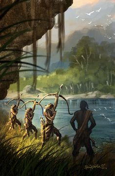 an artist's rendering of some people in the jungle