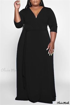 Olivia Mark - Orange Plus-Size V-Neck Long Casual Dress for Women V Neck Long Dress, Style Vert, Purple Fashion Casual, Long Dress Plus Size, Style Bleu, Long Green Dress, Dress Sleeve Styles, Long Dress Casual, Stylish Plus