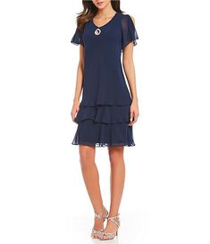 Marina Keyhole Tiered Chiffon Flutter Sleeve Dress | Dillard's Chiffon Dress With Sleeves, Plus Size Wedding Guest Dresses, Short Sleeve Shift Dress, Womens Wedding Dresses, Womens Cocktail Dresses, Flutter Sleeve Dress, Bride Dresses, Short Sleeve Dress, Dillard's