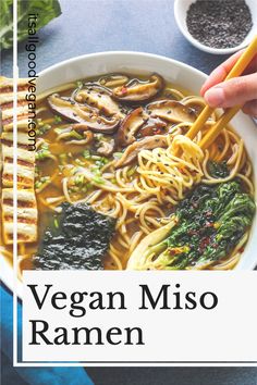 vegan miso ramen in a bowl with chopsticks on the side