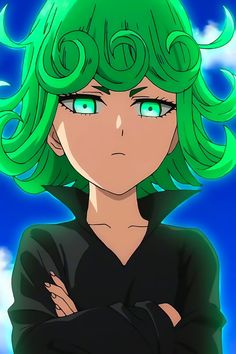 a girl with green hair and blue eyes standing in front of the sky, looking at the camera