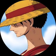 a man with a straw hat on his head looking to the side in front of a blue sky