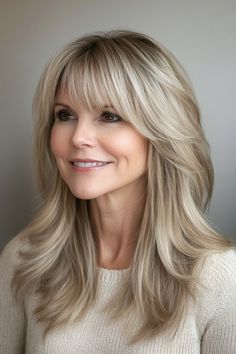 24 Stunning Long Hairstyles for Women Over 50 to Try in 2024 – CreativeBooster 40 Year Old Hair Styles, Layered Bangs, Long Sleek Hair, Long Hairstyles For Women, Blonde Layered Hair, Fall Blonde Hair, Medium Hair Styles For Women, Bangs Long