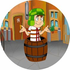 a cartoon character standing in front of a barrel