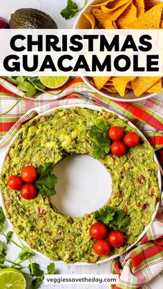 a christmas guacamole dip with tomatoes and cilantro on the side