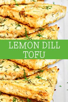 lemon dill tofu on a white platter with the title overlay reads, lemon dill tofu