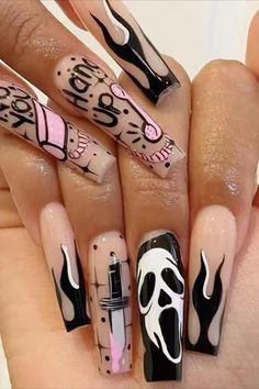 Long Coffin Halloween Press on Nails with Scream Ghost Face and Flame Nail Art Nail Art Halloween, Halloween Press On Nails, Halloween Acrylic Nails, Fire Designs, Nails Halloween, Halloween Nail Designs, Nail Length, Stick On Nails, Tattoos Ideas