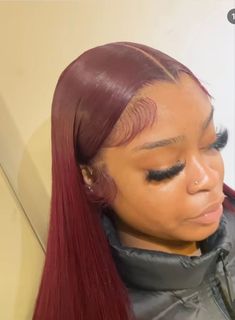 Burgundy Hair Lace Frontal, Burgundy Lace Front Wig Straight, Burgundy Hair Middle Part, Colored Straight Wig, Red Bust Down Middle Part, Dark Red Quick Weave, Fall Colors Wigs, Burgundy Frontal Wig Hairstyles, Wig Colors On Dark Skin Women