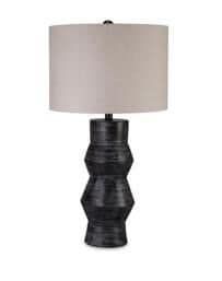 a black table lamp with a white shade