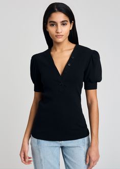 Black Heather V-Neck Puff Sleeve T-Shirt | Womens T-Shirt by Derek Lam 10 Crosby Cotton V-neck Puff Sleeve Top For Work, Fitted Henley Neckline Top For Work, Chic Ribbed Puff Sleeve Tops, Casual Ribbed Puff Sleeve Tops, Chic Fitted Top With Henley Neckline, Fitted Short Sleeve Puff Top For Work, Fitted Puff Sleeve Top For Work, Ribbed Short Sleeve Tops For Workwear, Cotton Puff Sleeve V-neck Top For Work