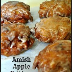 an image of some apple fritters with icing on them and the words, amish apple fritters